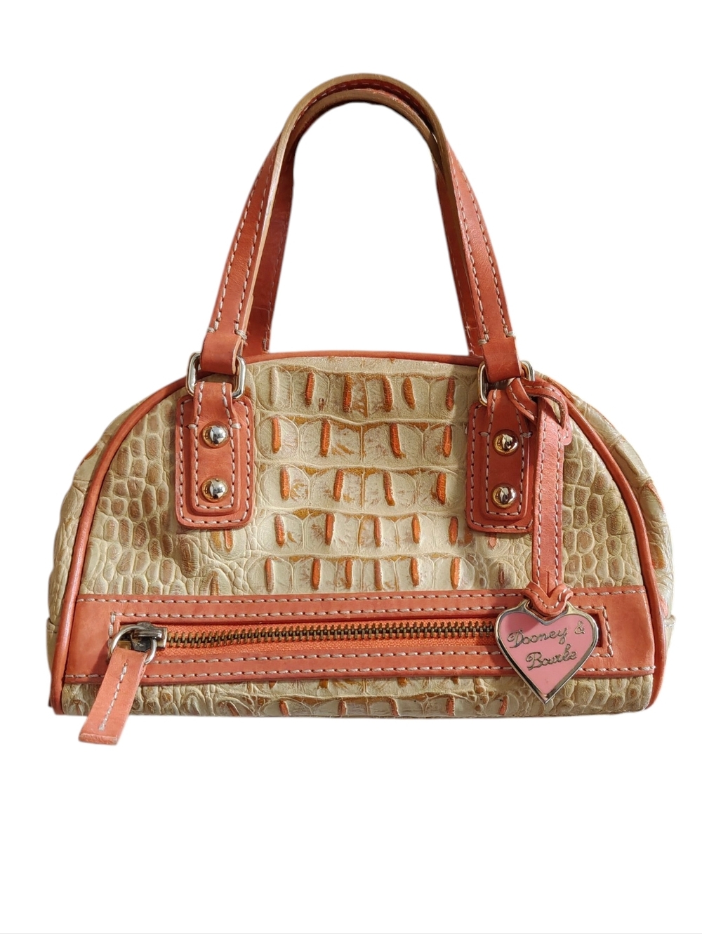 DOONEY & BOURKE Vintage Cream and Coral Croc-Embossed Leather Mini Bowling
